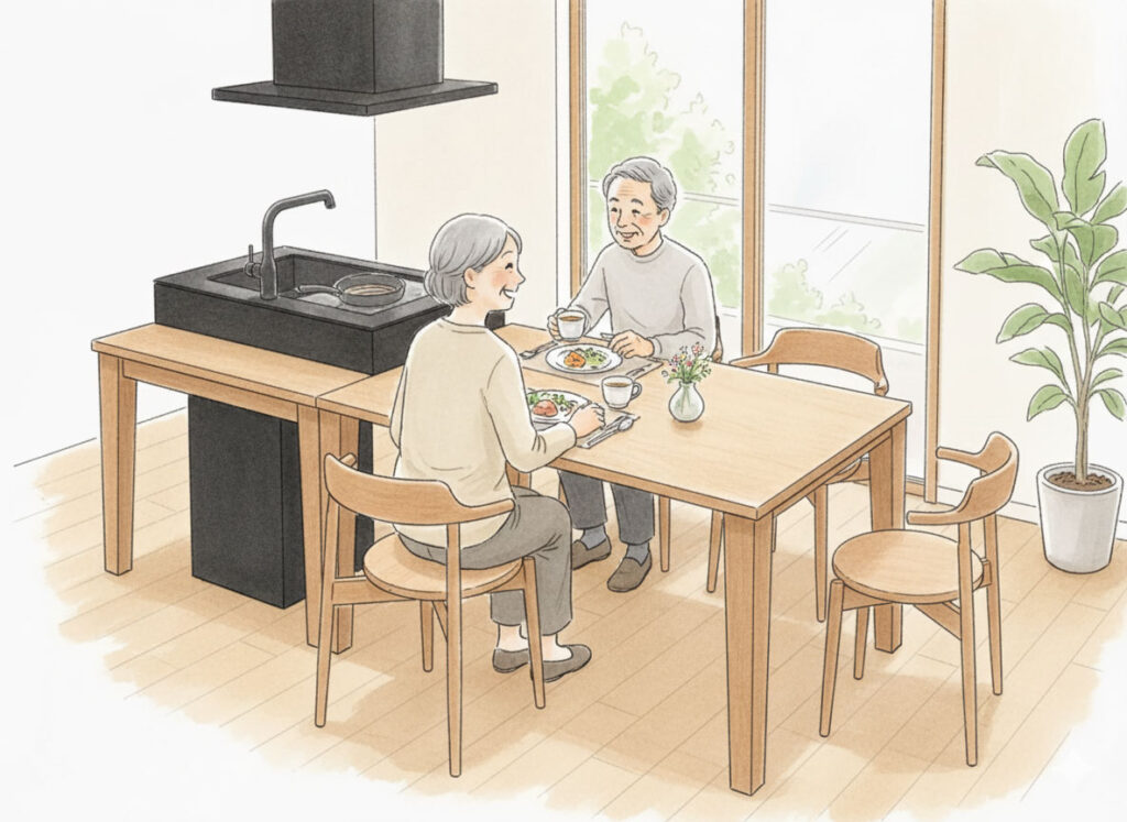 座ってゆったり調理できる新しいキッチンスタイルイラスト