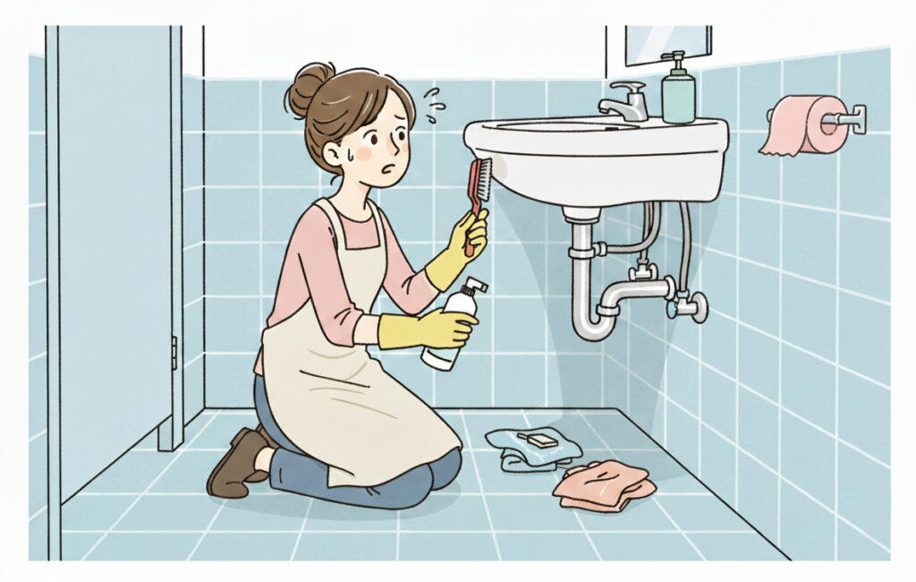 綾瀬市トイレリフォーム手洗い器配管掃除イラスト